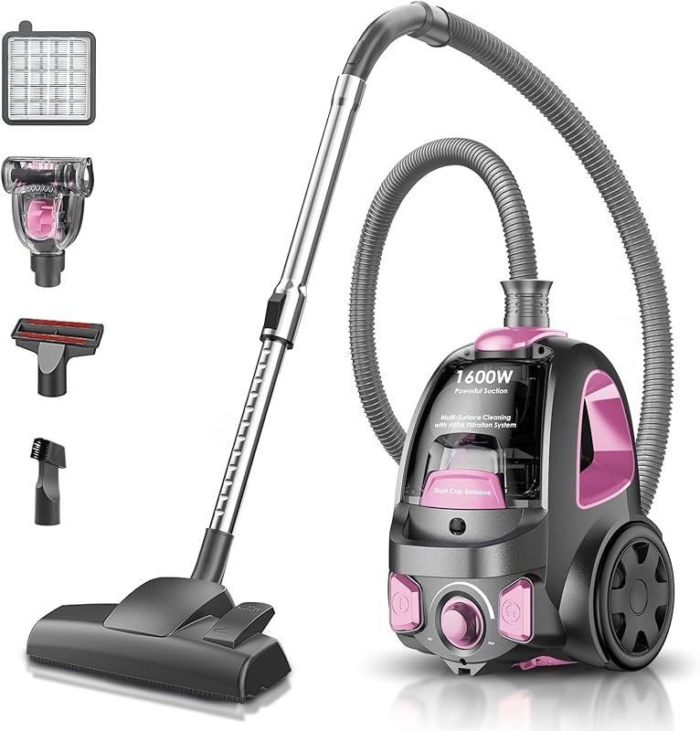 Cyclon Power 40Kpa 1600W Bagless Canister Vacuum, 3.7QT Dust Cup, Ligh