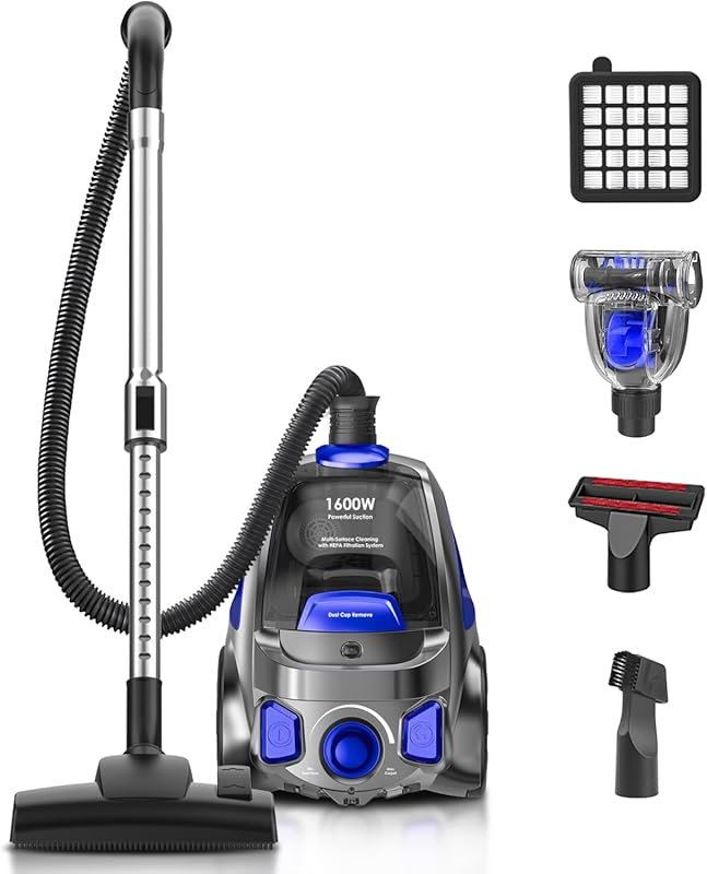 Bagless Canister Vacuum with 40Kpa Suction, 1600W, 3.7QT Dust Cup, Lig